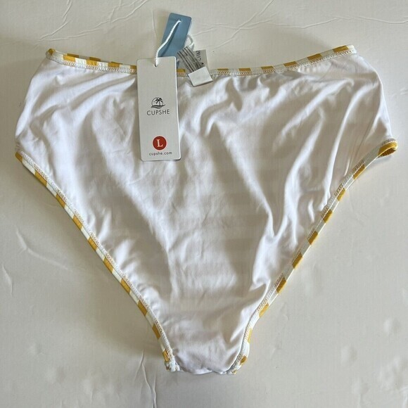 CUPSHE Swim Bottoms Size L Yellow and White Striped High Waisted Textured - Picture 8 of 14